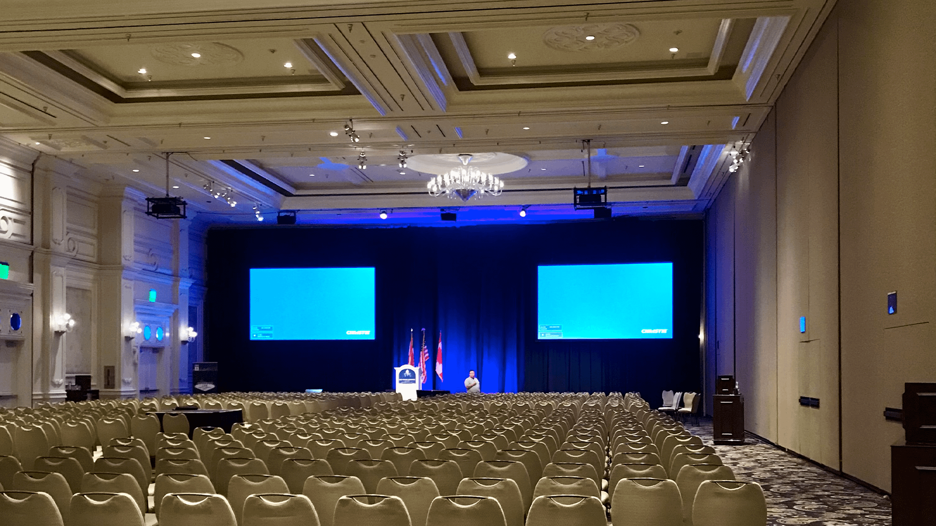 Two projector screen set up for a conference in Las Vegas Nevada